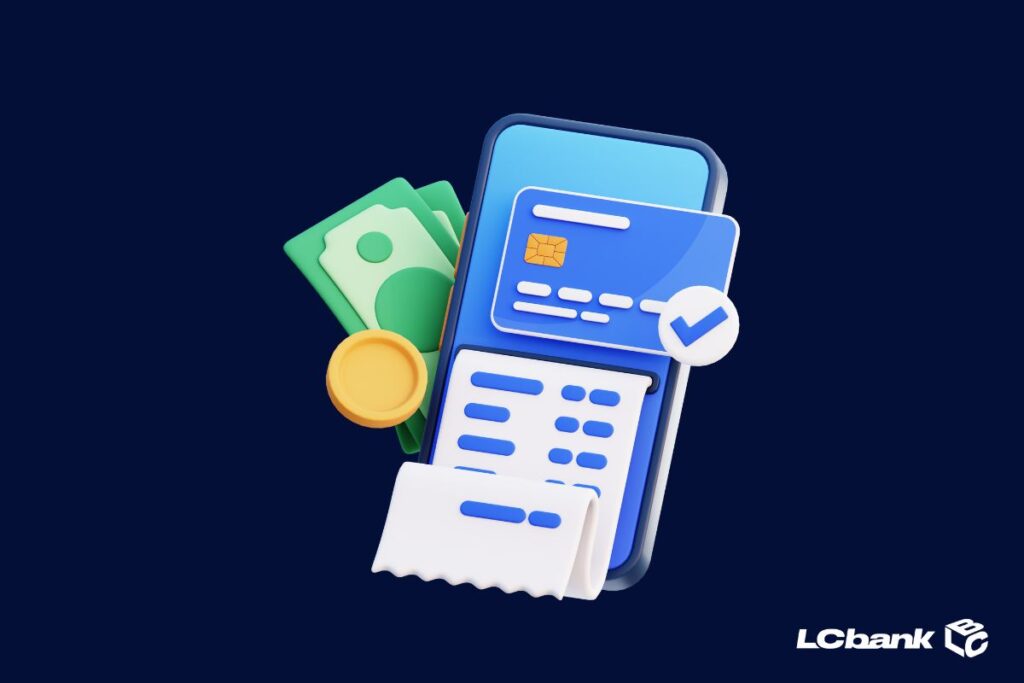Ilustração de um celular com cartão, dinheiro e comprovante, representando pagamento rápido e antecipação de valores pelo LCbank.