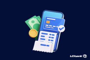 Ilustração de um celular com cartão, dinheiro e comprovante, representando pagamento rápido e antecipação de valores pelo LCbank.