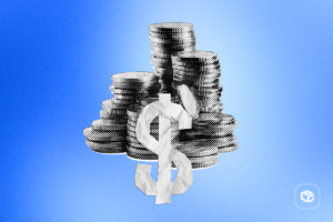 Ilustração de moedas com um cifrão na frente e fundo azul