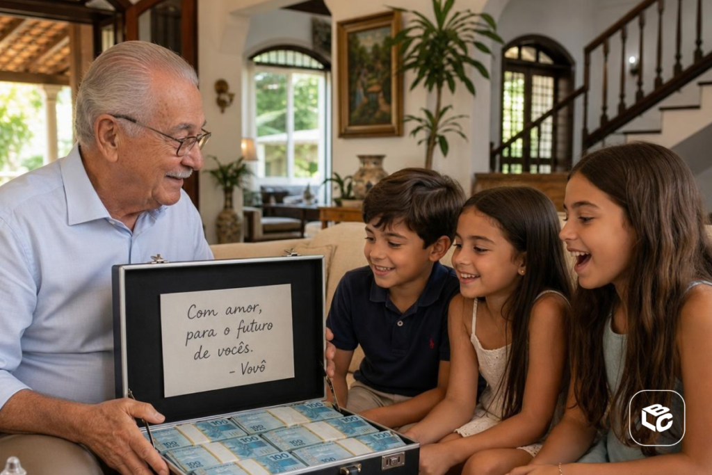 Em uma sala de estar, pessoa idosa abre uma maleta cheia de cédulas diante de três crianças. Na tampa, um bilhete diz: “Com amor, para o futuro de vocês. – Vovô”.