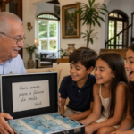 Em uma sala de estar, pessoa idosa abre uma maleta cheia de cédulas diante de três crianças. Na tampa, um bilhete diz: “Com amor, para o futuro de vocês. – Vovô”.