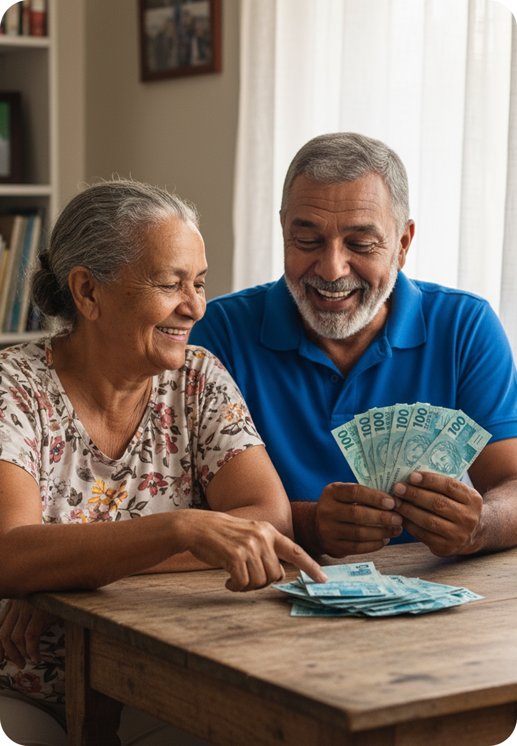 Casal sorridente conta dinheiro, possivelmente para consultar precatório.